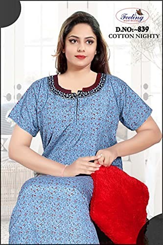 Cotton Polyester Round Neck Embroidered A-line Night Gown for Women